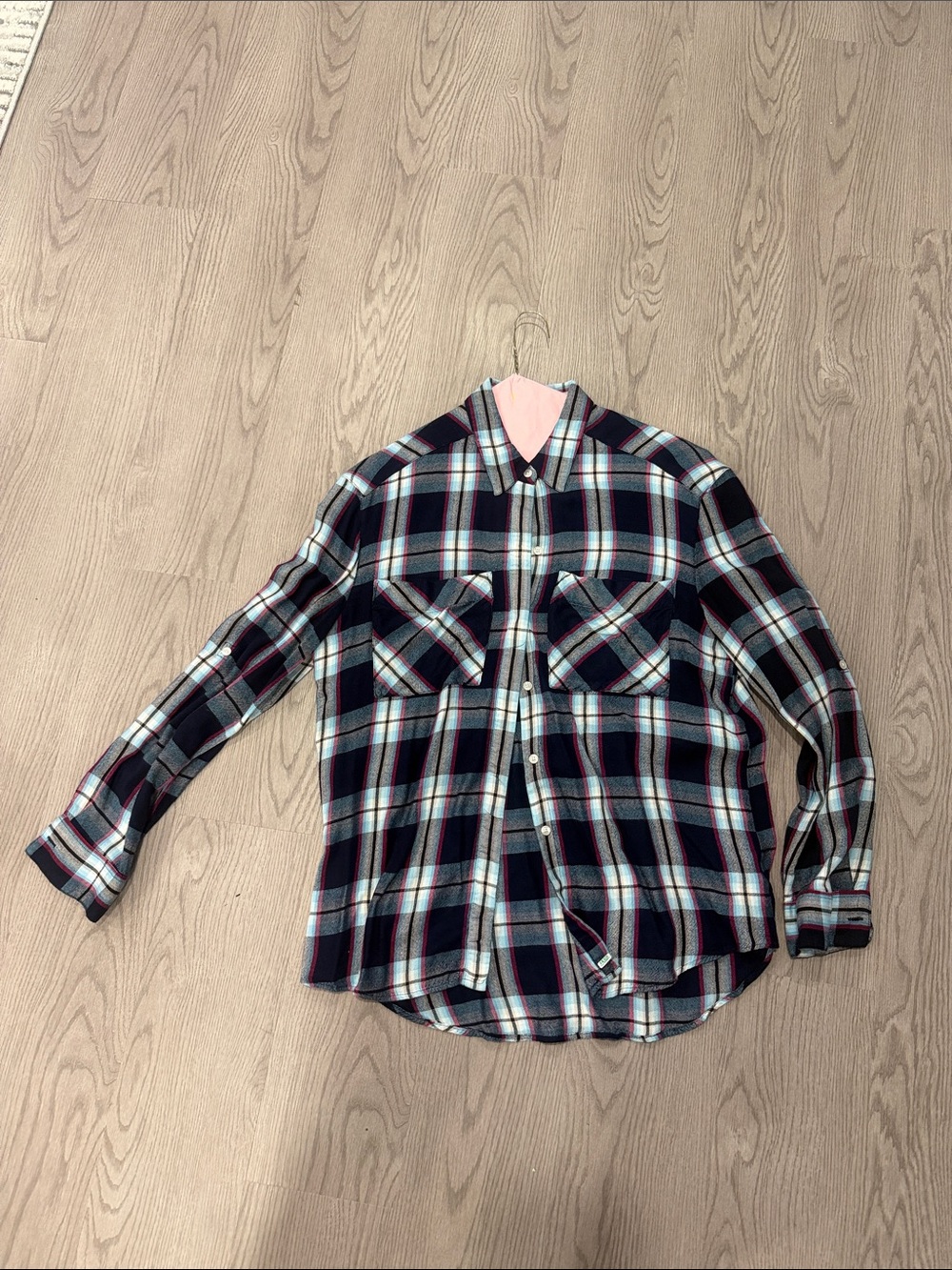 Women’s Navy and White Plaid Button-Up Shirt